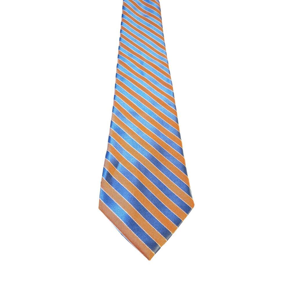 Nautica Luxury Tie Orange Blue Regimental Striped Woven 100% Silk Necktie Work